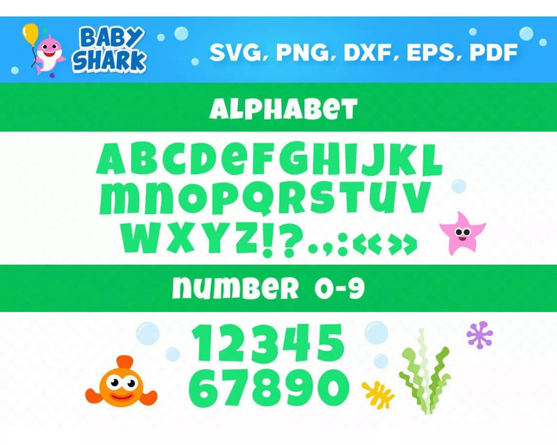 Baby Shark SVG Bundle Baby Shark Birthday Clipart Baby Shark Font Alphabet Svg Cut Files Png Digital Bundle
