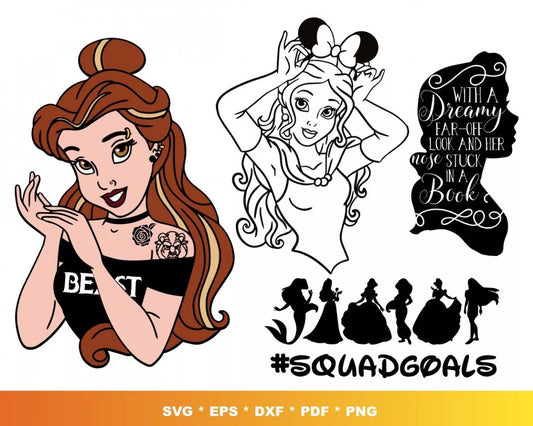 Princess Belle Svg, Princess Belle Silhouette Svg, Princess Belle Clipart Bundle