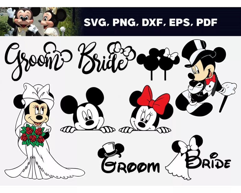 Mickey Wedding Clipart Bundle, Mickey & Minnie Just Married SVG For Cricut, Disney Just Married Svg for Cricut, Silhouette Vector Cut Files