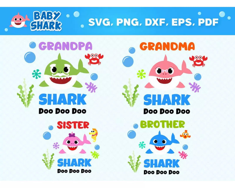 Baby Shark Family Clipart Bundle, PNG & SVG Cut Files for Cricut & Silhouette