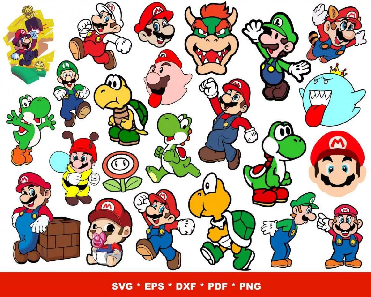 Super Mario Clipart Bundle, Mario SVG For Cricut, Super Mario Birthday SVG, Mario Silhouette Vector Cut Files