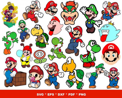 Super Mario Clipart Bundle, Mario SVG For Cricut, Super Mario Birthday SVG, Mario Silhouette Vector Cut Files