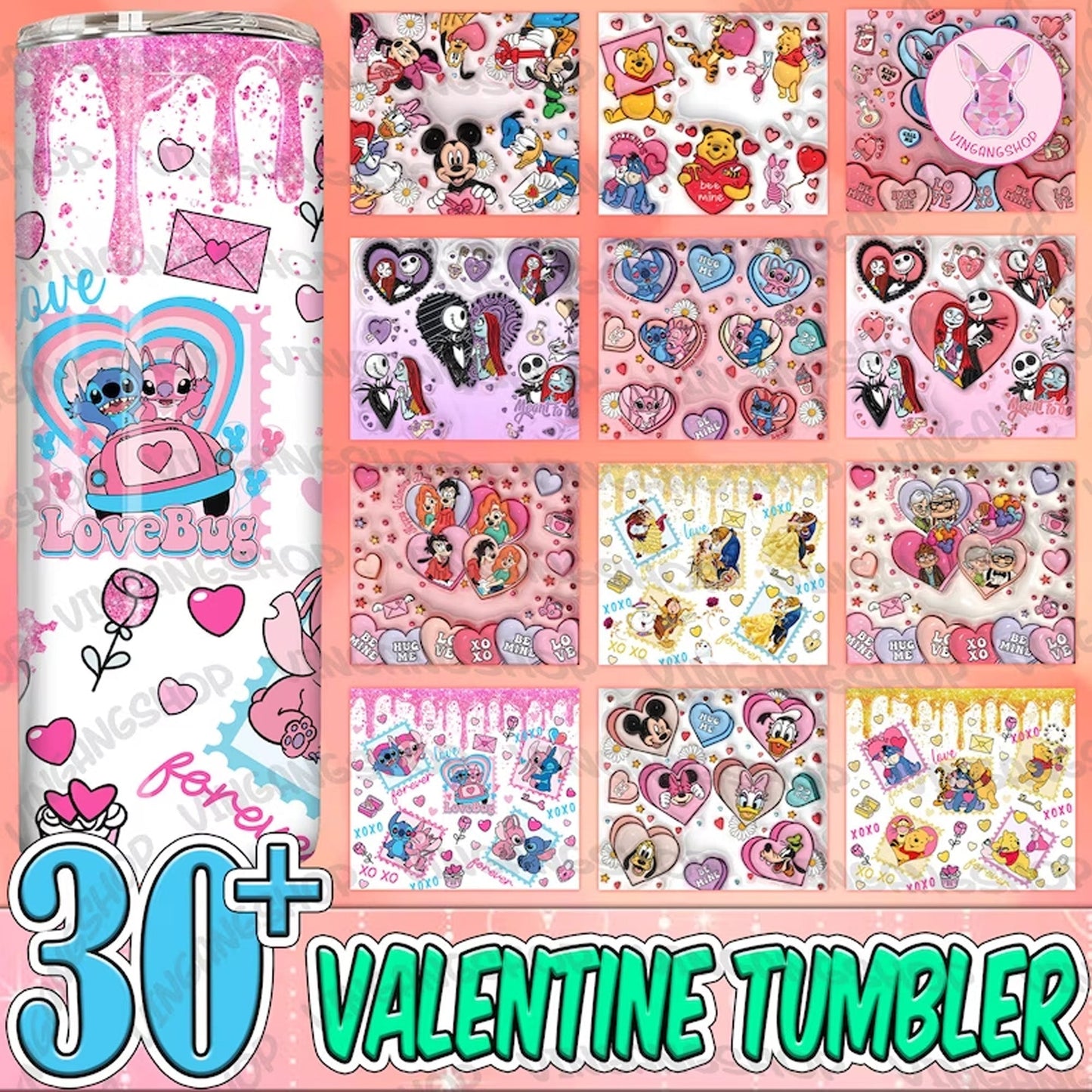 Cartoon Valentine Tumbler 20oz Design PNG Bundle