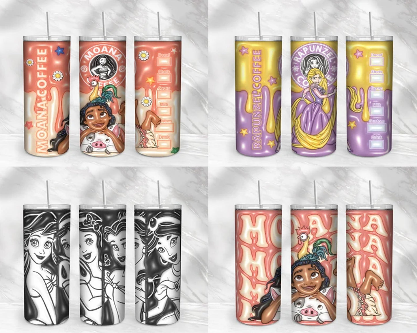 30+ Disney princess Inflated for 20oz Skinny Tumbler - Instant download