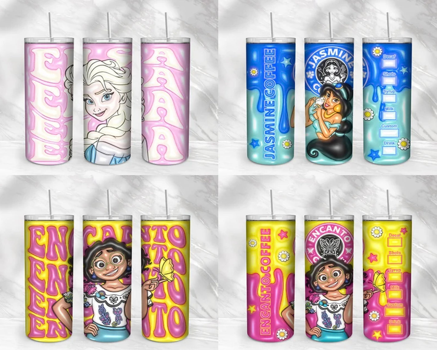 30+ Disney princess Inflated for 20oz Skinny Tumbler - Instant download