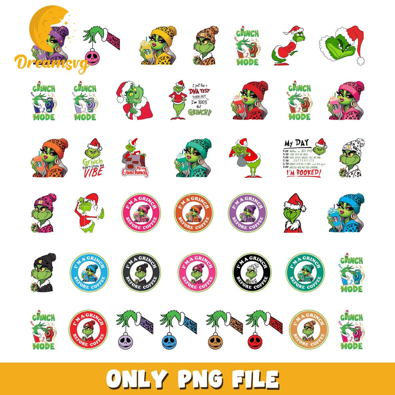 I'm a grinch before coffee logo bundle png, grinch girl png