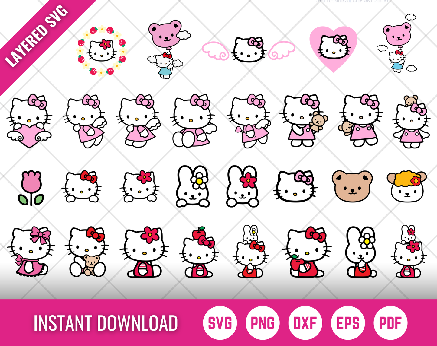 Hello Kitty Clipart Bundle, Hello Kitty SVG Cut Files For Cricut / Silhouette, Hello Kitty PNG