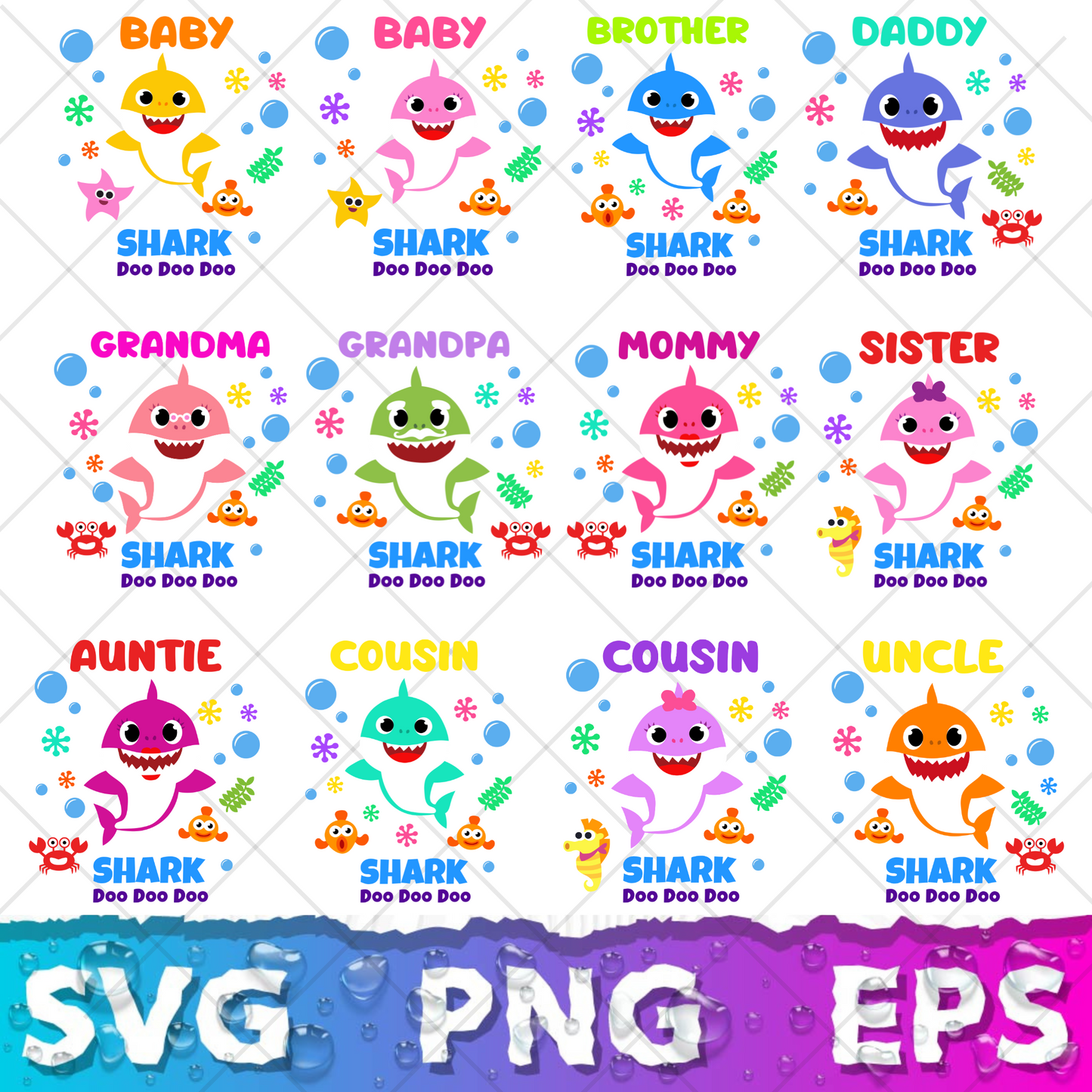 Baby Shark SVG Bundle +500 Files, Family Baby Shark Alphabet SVG, Cartoon Family Shark PNG Files, For Cricut and Silhouette