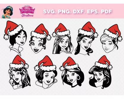 Princess Christmas Clipart Bundle, Disney Princess Christmas Svg for Cricut, Silhouette Vector Cut Files