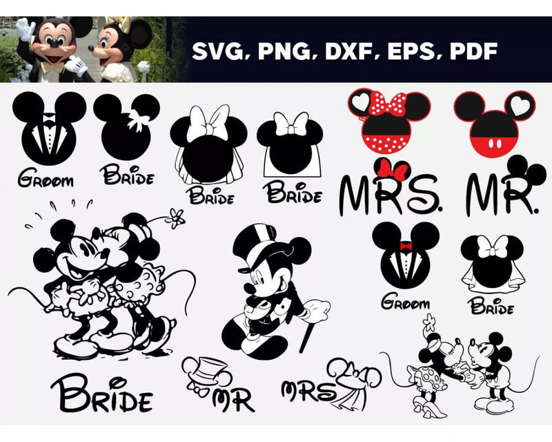 Mickey Wedding Clipart Bundle, Mickey & Minnie Just Married SVG For Cricut, Disney Just Married Svg for Cricut, Silhouette Vector Cut Files