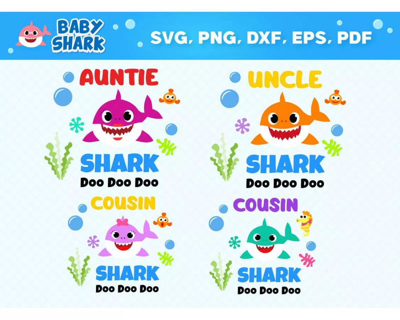 Baby Shark Family Clipart Bundle, PNG & SVG Cut Files for Cricut & Silhouette