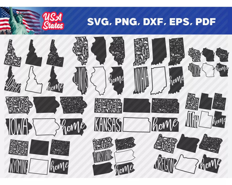 USA States PNG & SVG Bundle, 50+ Files For Cricut & Silhouette