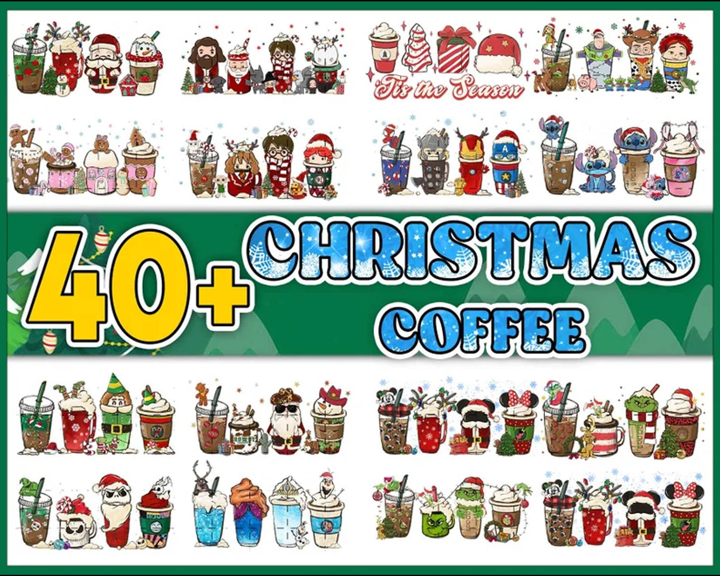 Version 2 - 40+ Christmas coffee PNG bundle, Christmas cafe digital bundle, PNG formats, Digital download