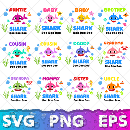 Baby Shark SVG Bundle +500 Files, Family Baby Shark Alphabet SVG, Cartoon Family Shark PNG Files, For Cricut and Silhouette