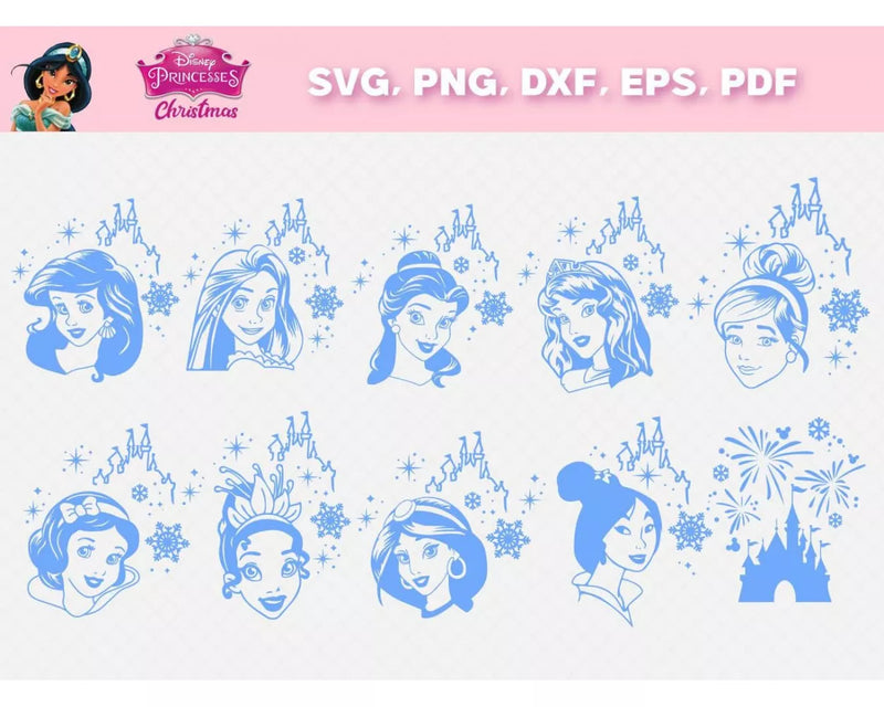 Princess Christmas Clipart Bundle, Disney Princess Christmas Svg for Cricut, Silhouette Vector Cut Files