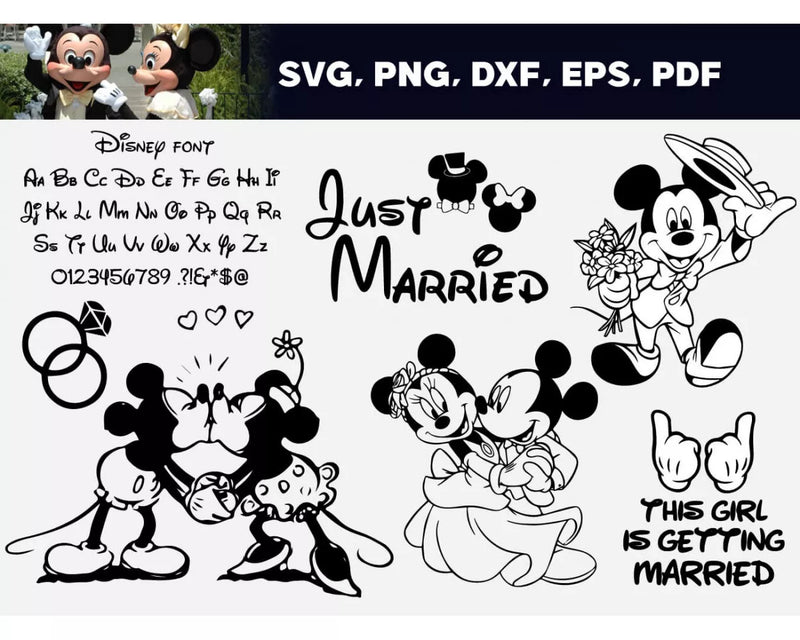 Mickey Wedding Clipart Bundle, Mickey & Minnie Just Married SVG For Cricut, Disney Just Married Svg for Cricut, Silhouette Vector Cut Files