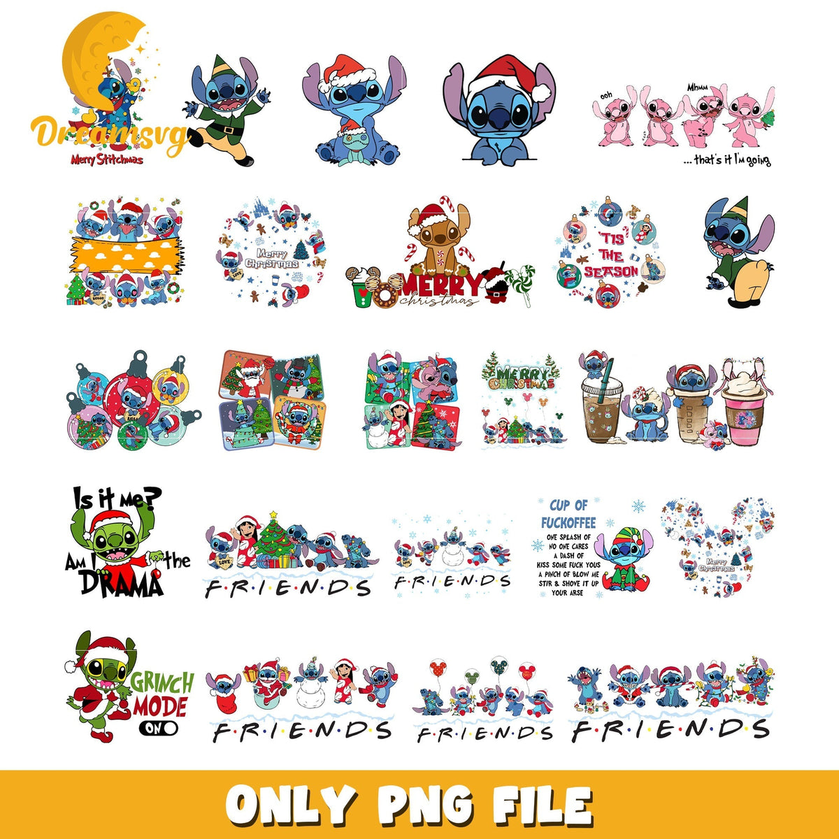 Disney stitch friends christmas bundle png, christmas stitch png