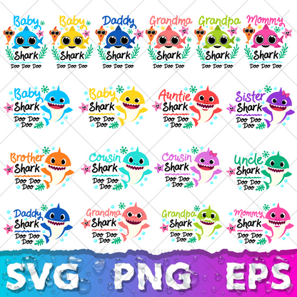 Baby Shark SVG Bundle +500 Files, Family Baby Shark Alphabet SVG, Cartoon Family Shark PNG Files, For Cricut and Silhouette