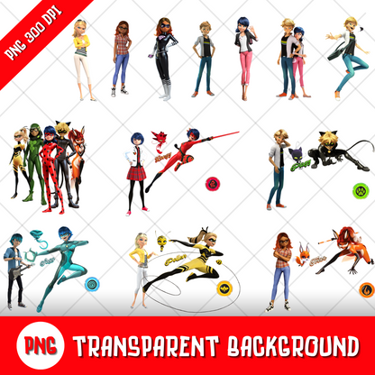 Miraculous Ladybug Clipart Bundle, Miraculous Transparent PNG, Designs for Decoration / Sublimation, Instant download