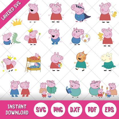Peppa Pig Clipart Bundle, Cartoon Peppa Pig SVG Cut Files for Cricut / Silhouette, instant download