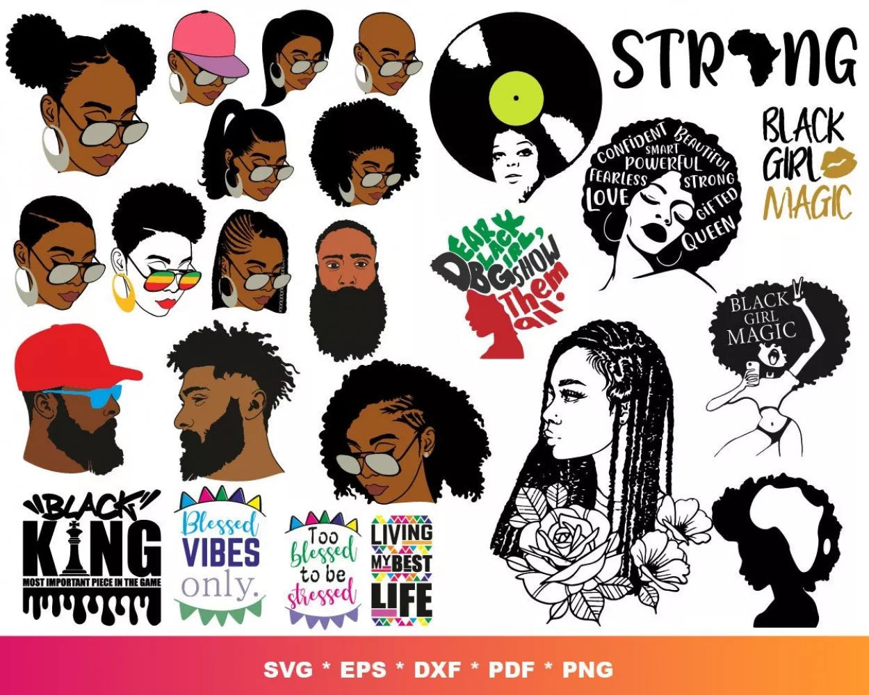 Afro Clipart Bundle, Afro Women Svg, Afro Man Svg, Afro Boy Svg, Afro Girl Svg, Silhouette Vector Cut Files