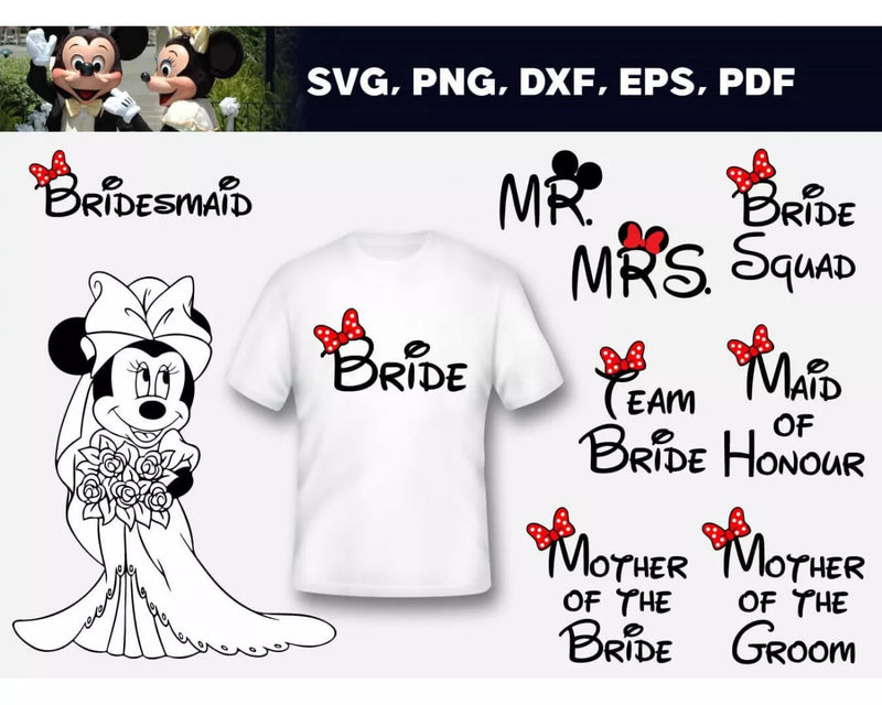 Mickey Wedding Clipart Bundle, Mickey & Minnie Just Married SVG For Cricut, Disney Just Married Svg for Cricut, Silhouette Vector Cut Files