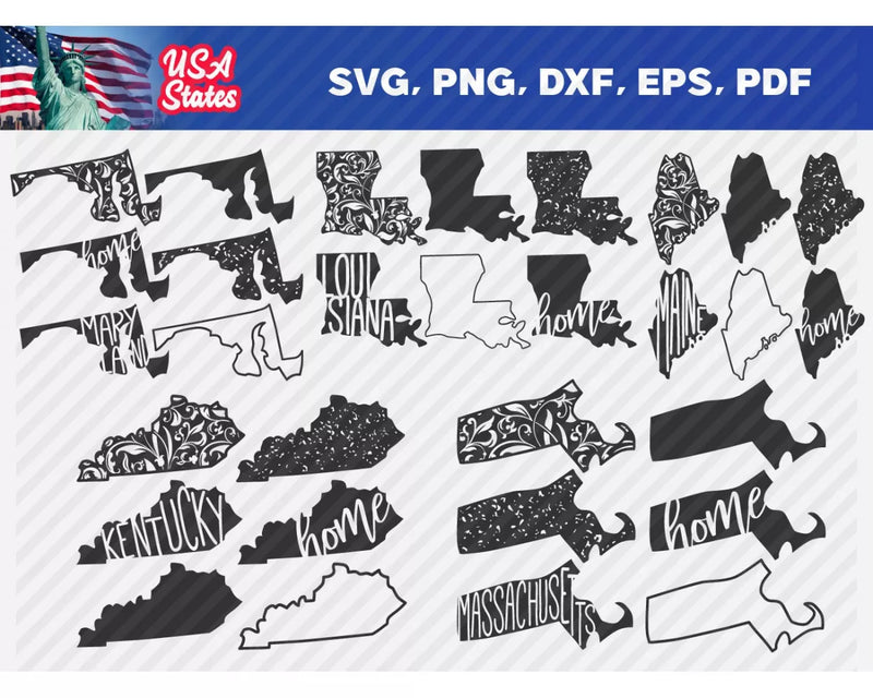 USA States PNG & SVG Bundle, 50+ Files For Cricut & Silhouette