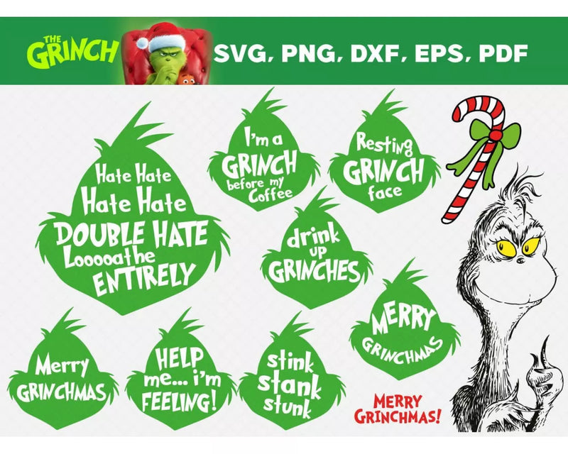 Grinch Head SVG, Grinch Merry Christmas SVG Cricut Files, Grinch Face Clipart, Cricut & Silhouette Vector Cut Files