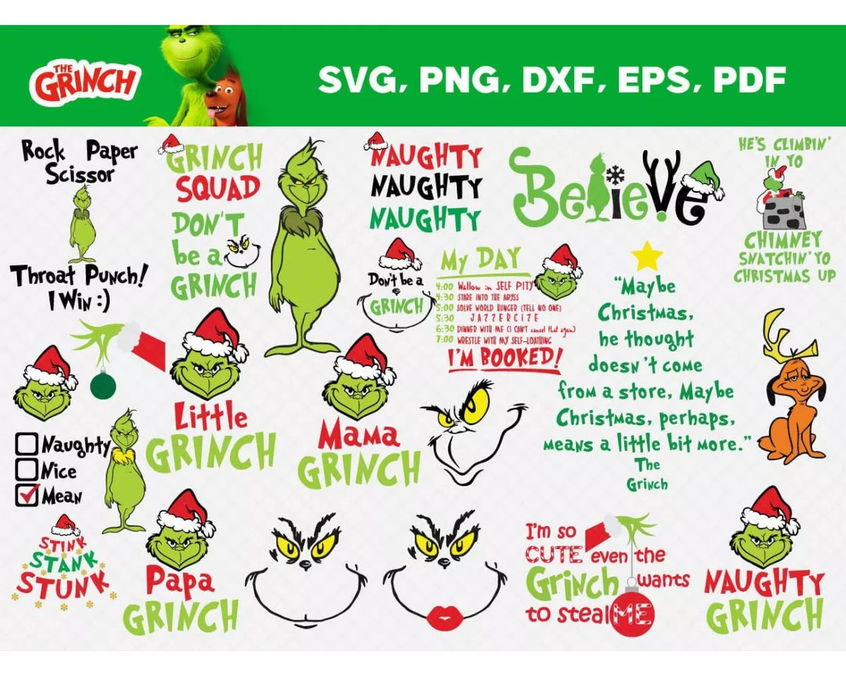 The Grinch 100+ Cliparts Bundle, Merry Grinchmas SVG Cut Files For Cricut / Silhouette, Grinch Christmas PNG