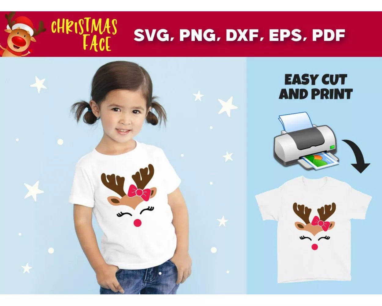 Christmas Reindeer SVG, Christmas Face SVG For Cricut & Silhouette, Christmas Reindeer PNG