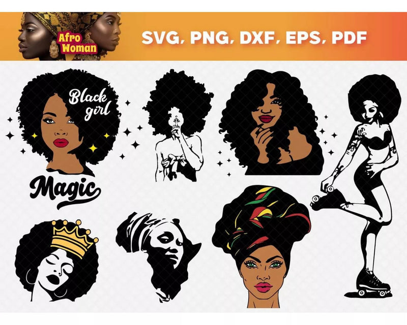 Afro Woman Clipart Bundle, PNG & SVG Files for Cricut & Silhouette