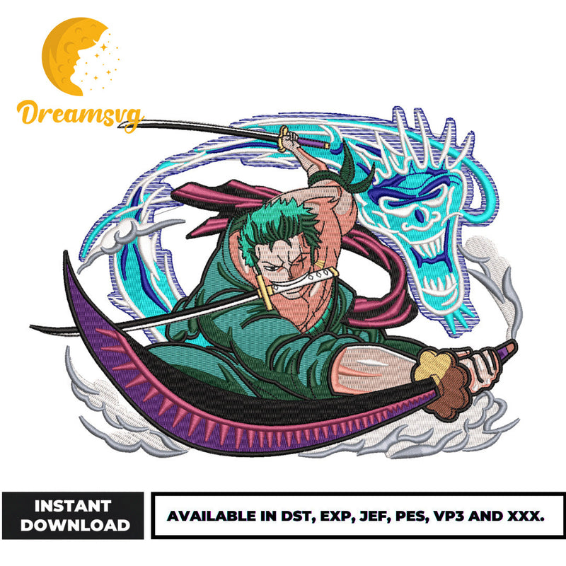 Zoro with swords embroidery design, One Piece embroidery