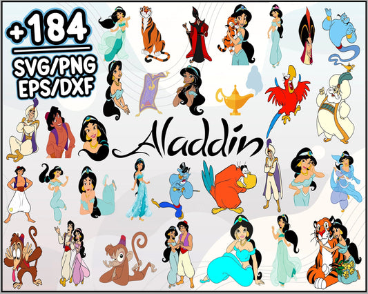 184+ Aladdin SVG  Bundle, Genie SVG for Cricut, Jasmine Clipart, Cartoon svg, png, dxf, eps digital file