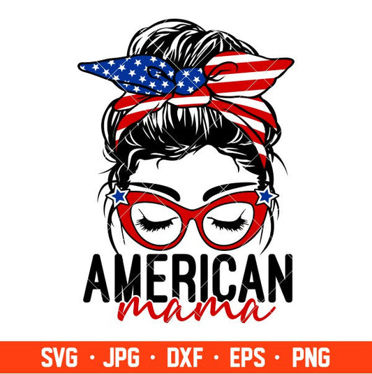 American Mama Messy Bun Hair Svg, Messy Bun 4th of July Svg & Png