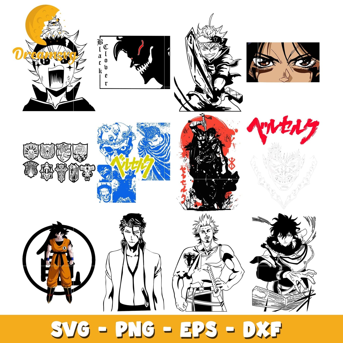 Black clover characters black white bundle svg, goku svg