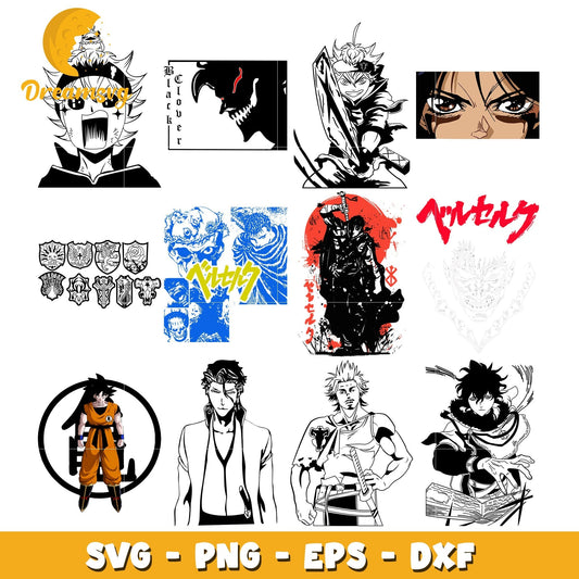 Black clover characters black white bundle svg, goku svg