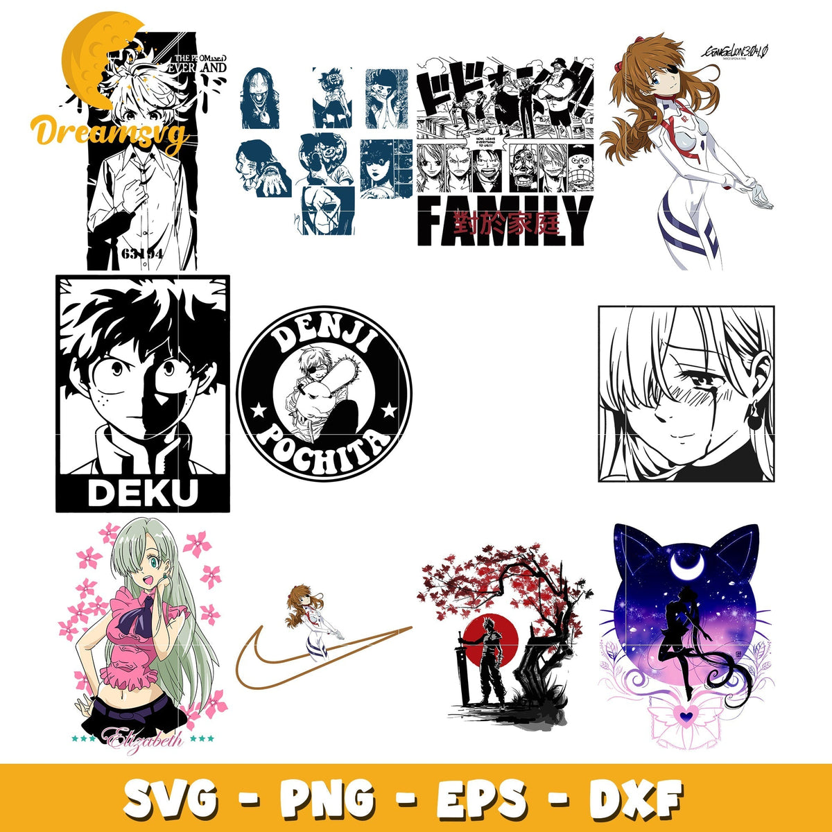 Denji and pochita logo bundle svg, deku anime svg, elizabeth lions svg