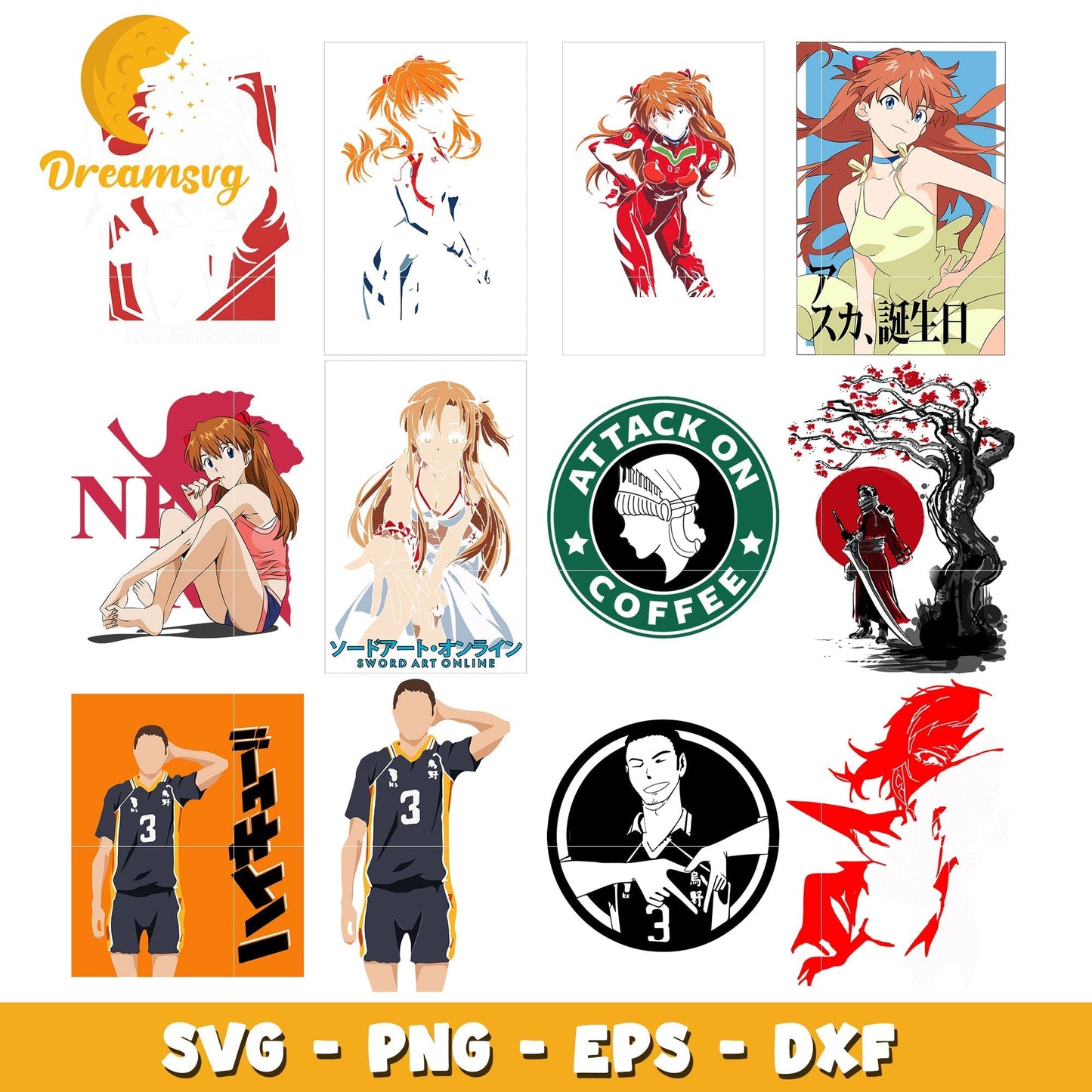 asuka langley sohryu bundle svg, azumane asahi svg, asuna anime svg