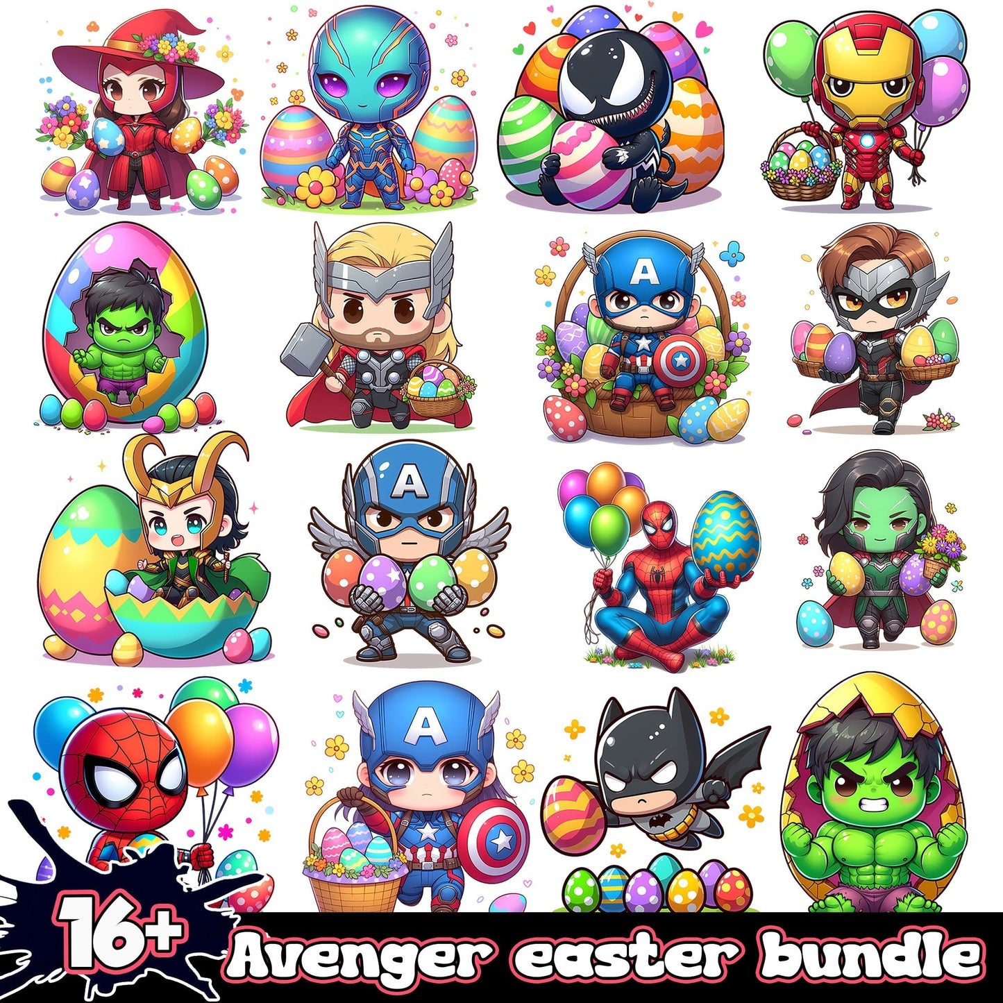 Chibi Superhero Easter Cartoon Png Bundle