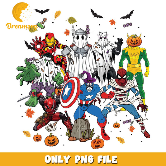 Avengers halloween design png, costumes in halloween png, spooky season png