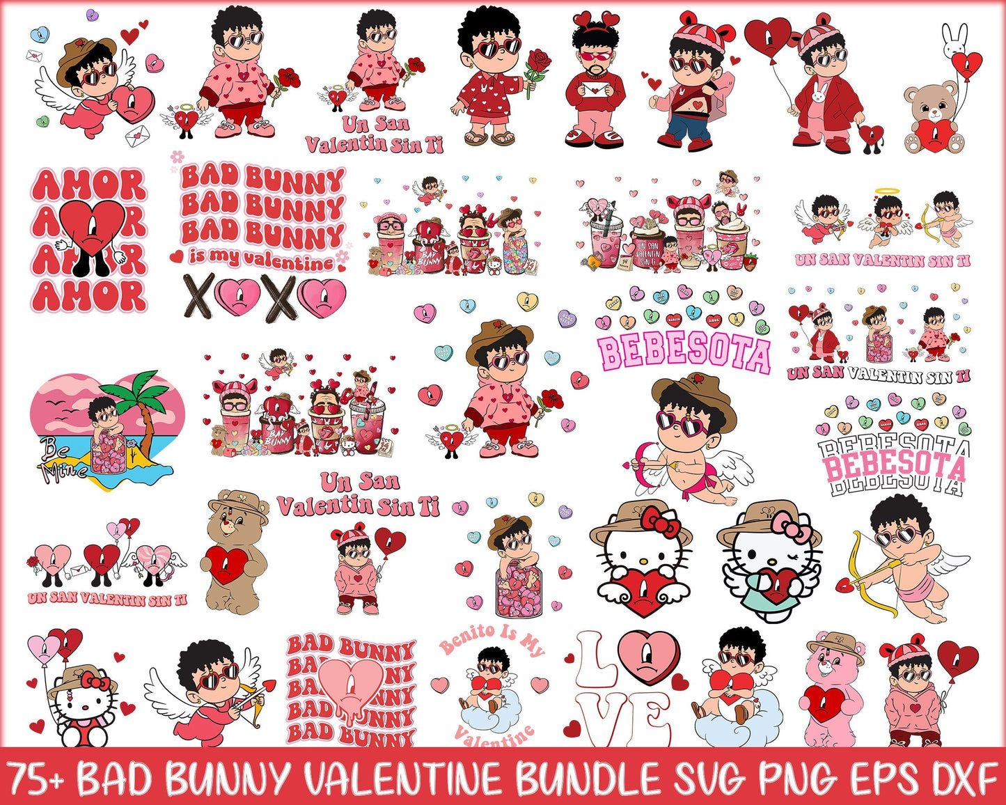 75+ Bad bunny Valentines bundle, Valentine SVG PNG, eps dxf Design - Digital Download