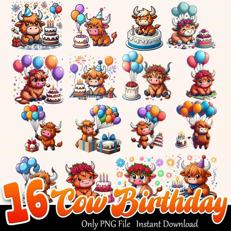 Cow Birthday Bundle PNG 16+ Funny Cow PNG Instant Download