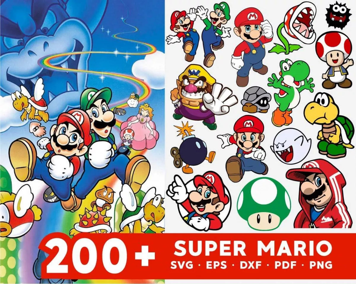 Super Mario Clipart Bundle, Mario SVG For Cricut, Super Mario Birthday SVG, Mario Silhouette Vector Cut Files