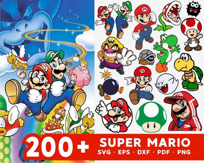 Super Mario Clipart Bundle, Mario SVG For Cricut, Super Mario Birthday SVG, Mario Silhouette Vector Cut Files