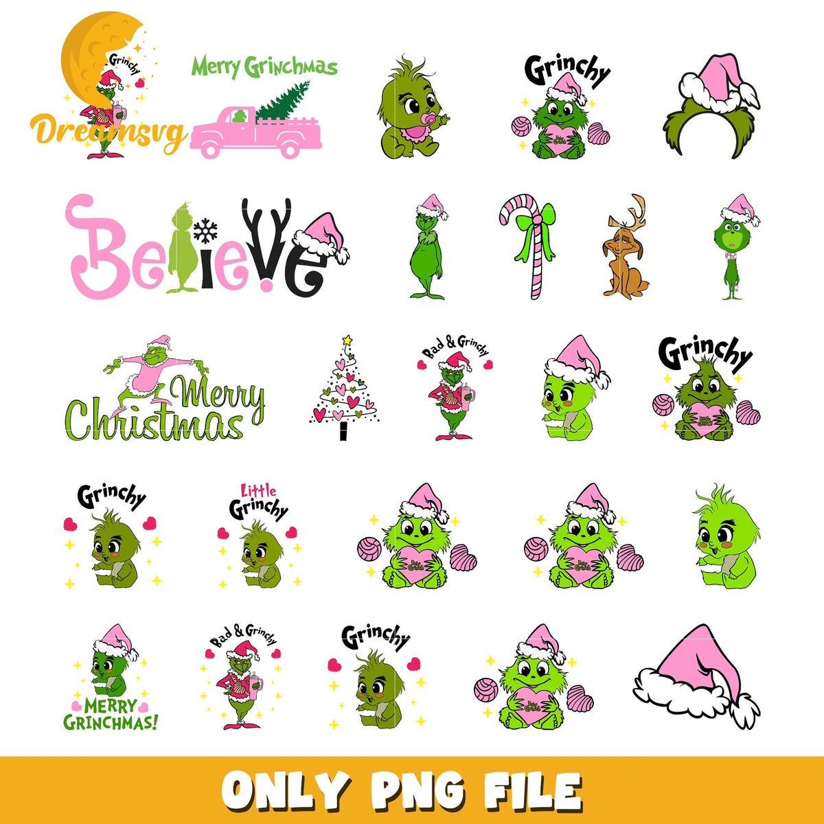 Cute grinch merry christmas pink bundle png, grinch cute png