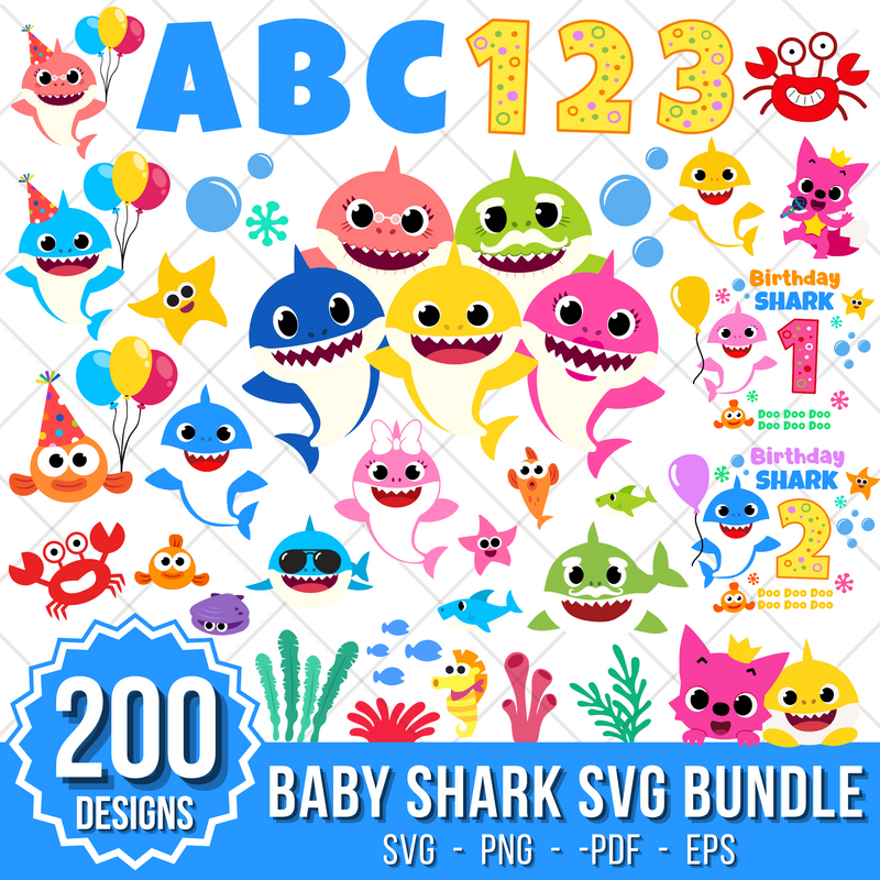 Baby Shark SVG Bundle Baby Shark Birthday Clipart Baby Shark Font Alphabet Svg Cut Files Png Digital Bundle