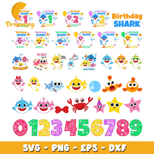 Birthday shark design bundle svg, happy birthday baby shark svg