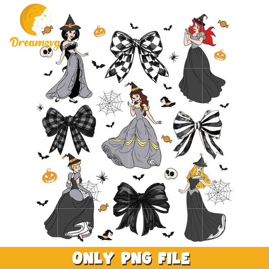 Balck dress princesses png, halloween characters png, halloween design png