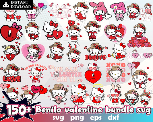 150+ Valentine Hello Kitty Bundle, Valentine kawaii kitty SVG png eps dxf, Cut File, Digital Download