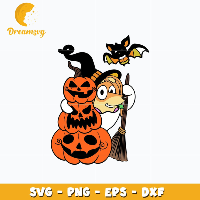 Indy Dog witch Pumpkin Svg, Bluey Halloween Svg